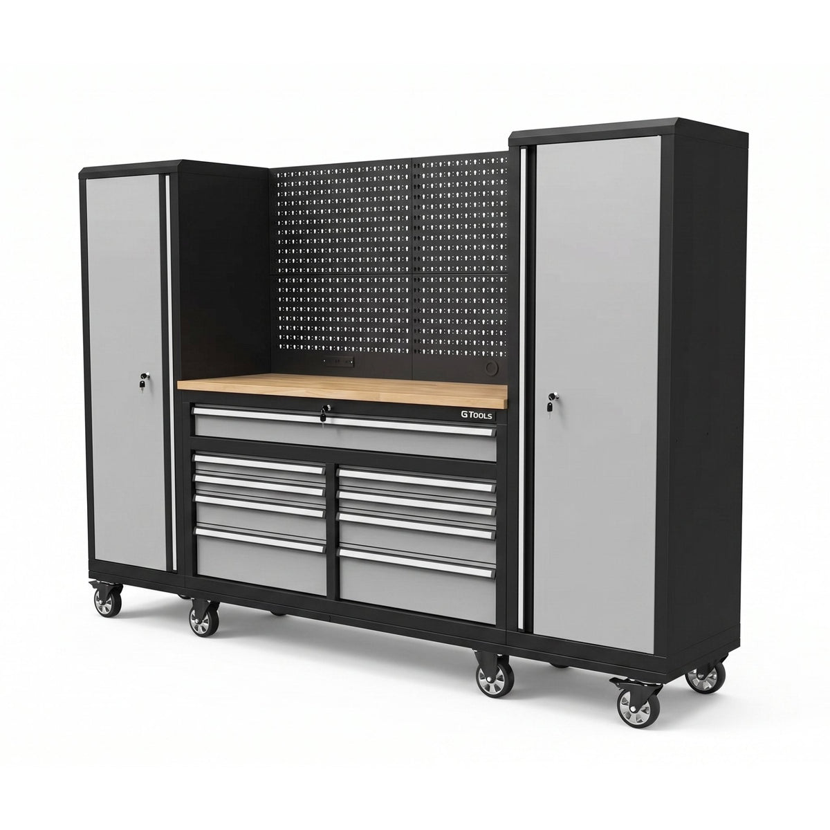 100" Rolling Tool Chest Workstation with Wood Top & Side Cabinets