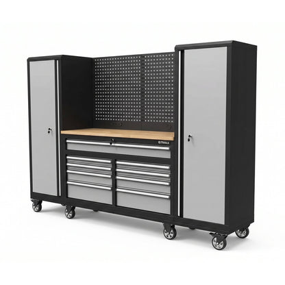 100" Rolling Tool Chest Workstation with Wood Top & Side Cabinets