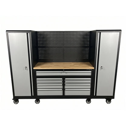 100" Rolling Tool Chest Workstation with Wood Top & Side Cabinets