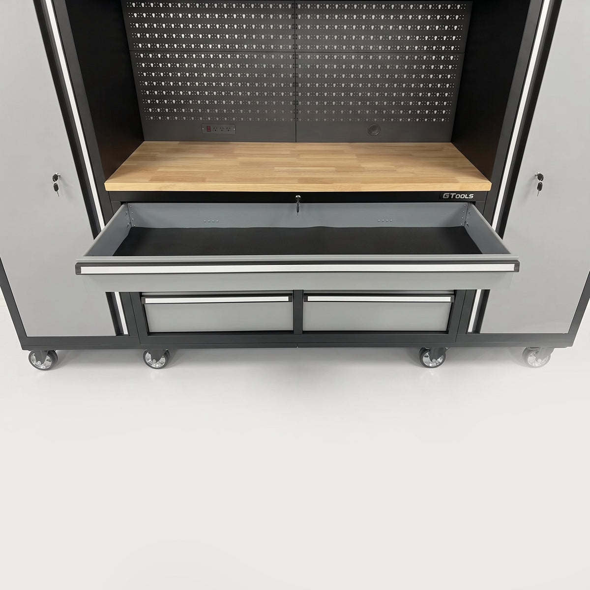 100" Rolling Tool Chest Workstation with Wood Top & Side Cabinets