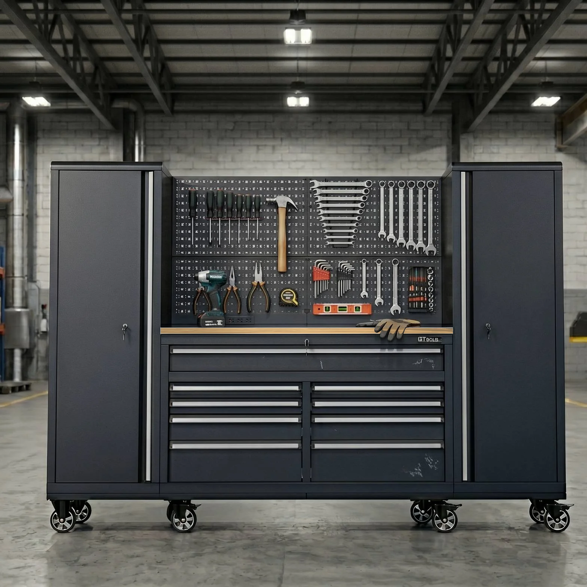 100" Rolling Tool Chest Workstation with Wood Top & Side Cabinets