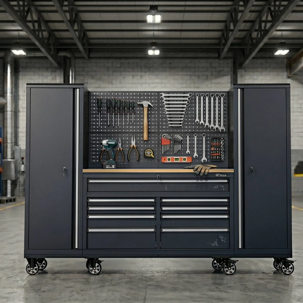 100" Rolling Tool Chest Workstation with Wood Top & Side Cabinets
