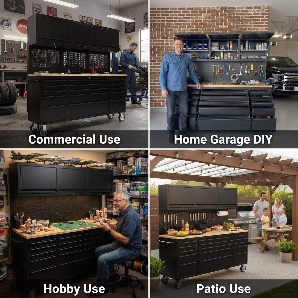72 inch Rolling Tool Chest with Light & Power Strips, Workbench, Upper Cabinets & Pegboard