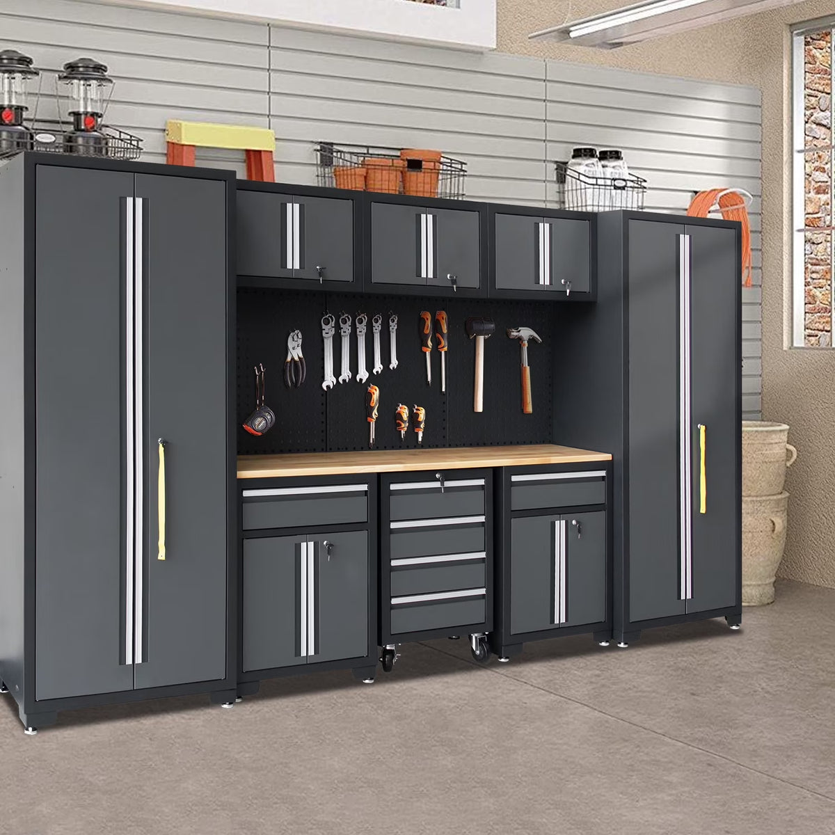 9-Piece Garage Shop Tool Storage Cabinet Set with Pegboard and Wooden Work Top 24 Gauge Steel Tool Chests & Garage Mounted Storage Systems - Black+Gray