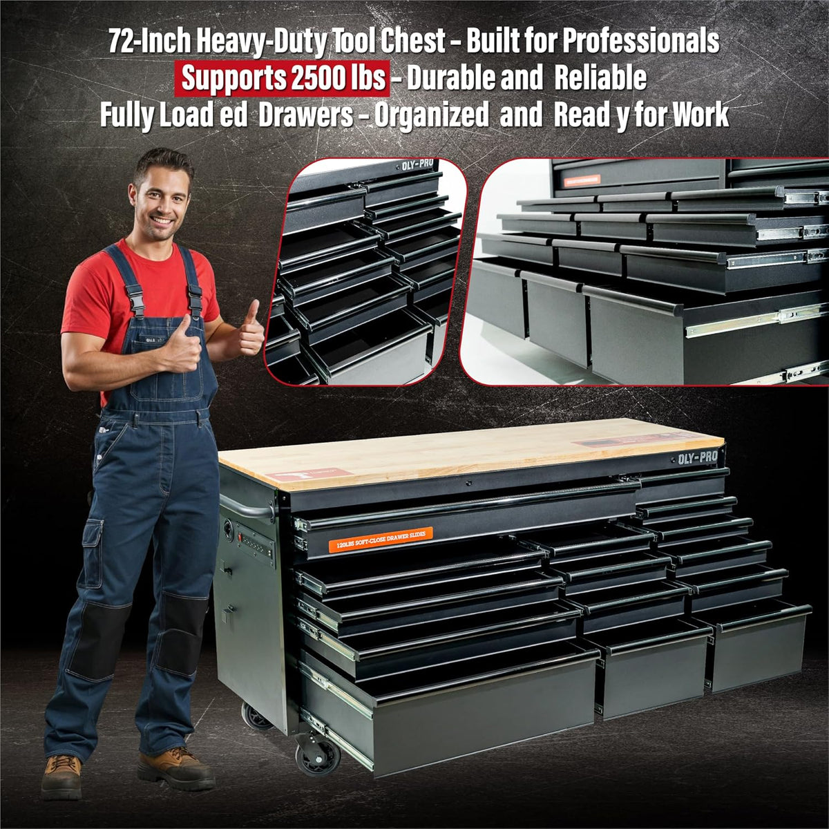 72 Inch Heavy Duty Mobile Tool Chest Tool Box, with Solid Wood Top Workbench, 15-Drawer Rolling Tool Chest, Tool Storage Organizer for Garage, Workshop, and Home, Black