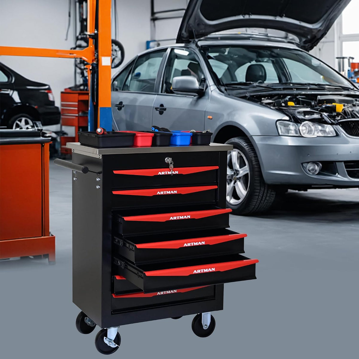 7 Drawers Tool Cart on Wheels,Multifunctional Rolling Tool Chest Tool Storage,Drawers Rolling Tool Trolley Organizer Tool Case for Garage, Warehouse, Workshop, Repair Shop (Black)