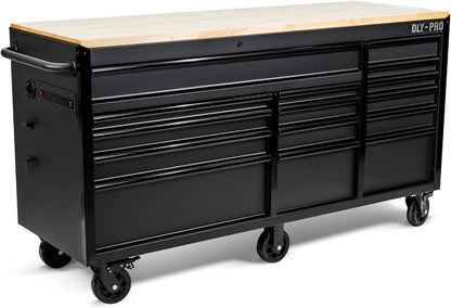 72 Inch Heavy Duty Mobile Tool Chest Tool Box, with Solid Wood Top Workbench, 15-Drawer Rolling Tool Chest, Tool Storage Organizer for Garage, Workshop, and Home, Black