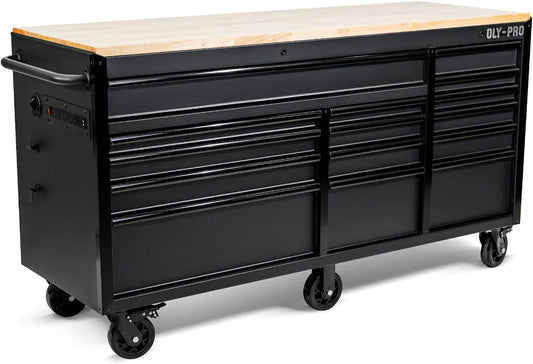 72 Inch Heavy Duty Mobile Tool Chest Tool Box, with Solid Wood Top Workbench, 15-Drawer Rolling Tool Chest, Tool Storage Organizer for Garage, Workshop, and Home, Black