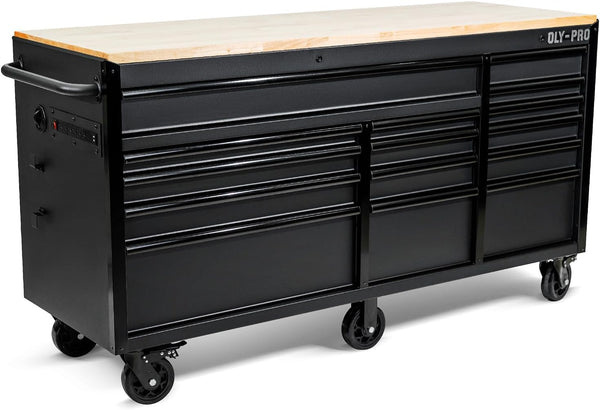 72 Inch Heavy Duty Mobile Tool Chest Tool Box, with Solid Wood Top Workbench, 15-Drawer Rolling Tool Chest, Tool Storage Organizer for Garage, Workshop, and Home, Black