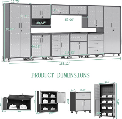 10-Piece Heavy Duty Steel Garage Cabinet System | All-In-One Modular Garage Cabinet Set for Ultimate Workshop Organization | Easy Assembly Garage Storage Cabinets & Tool Bench