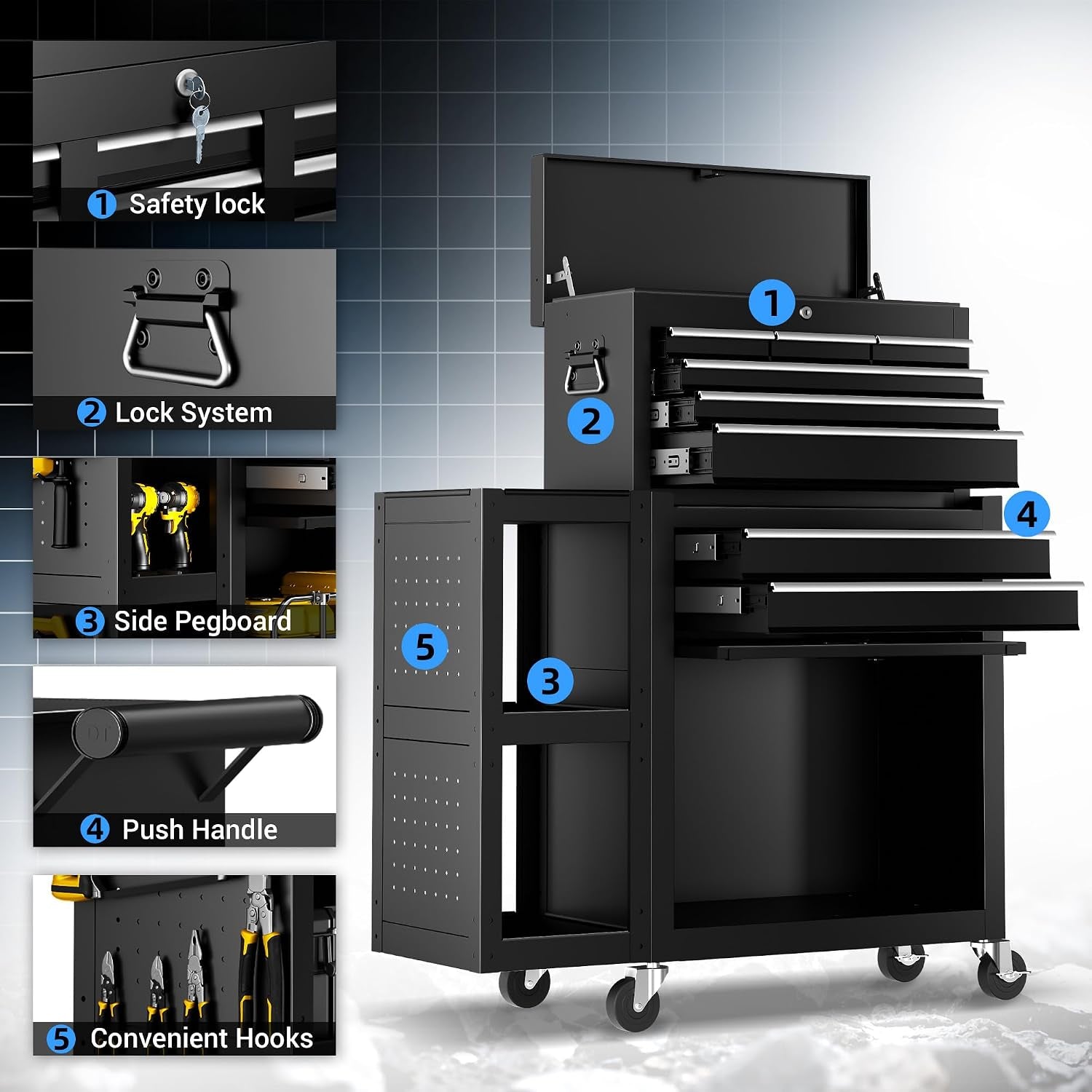 Metal Tool Chest, 8 Drawer Rolling Tool Chest with Wheels, Assembled Tool Storage Cabinet with Locking, Sliding Drawers & Detachable Top Tool Box, for Repair Room Warehouse Garage Workshop