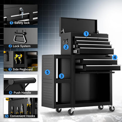 Metal Tool Chest, 8 Drawer Rolling Tool Chest with Wheels, Assembled Tool Storage Cabinet with Locking, Sliding Drawers & Detachable Top Tool Box, for Repair Room Warehouse Garage Workshop