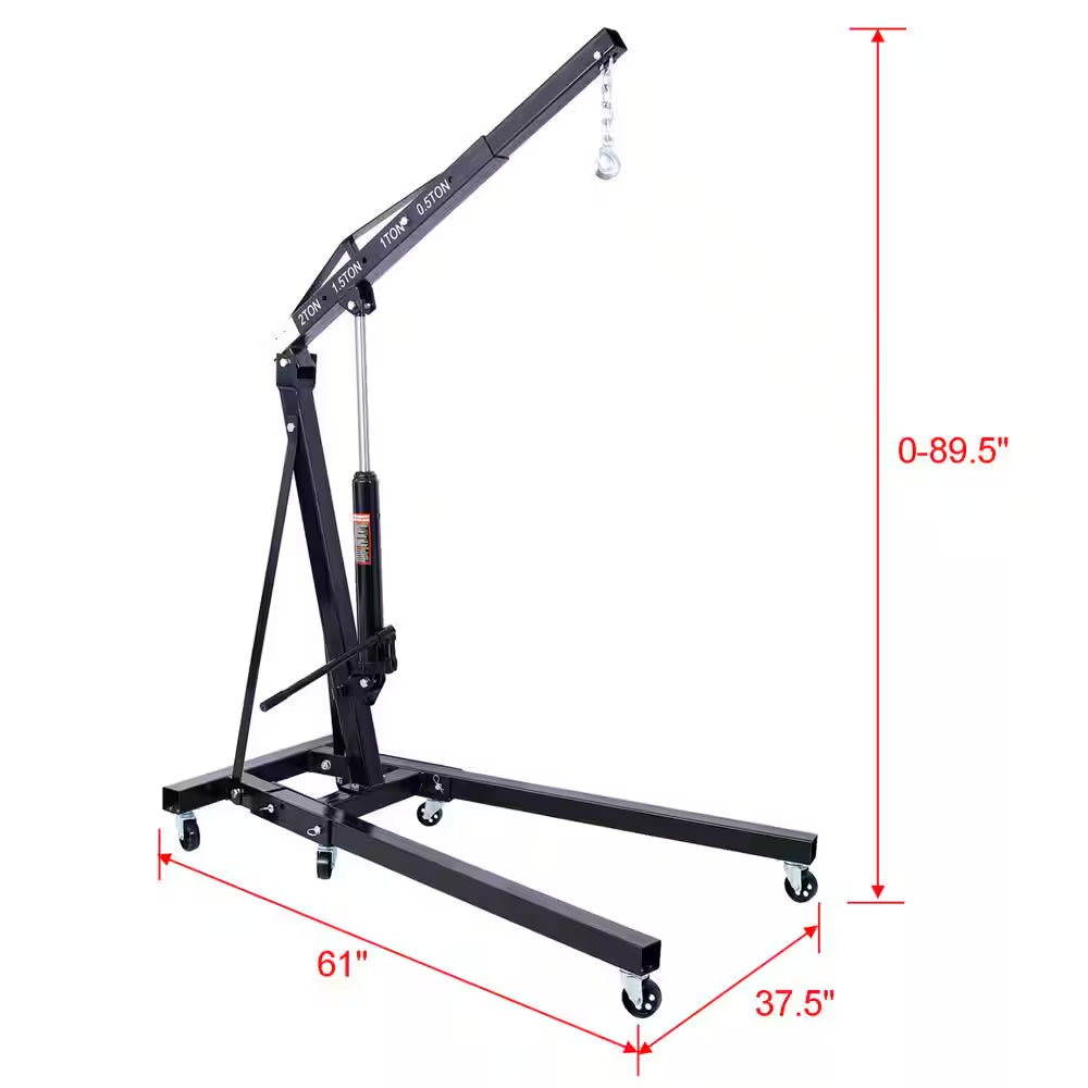 2 Ton Folding Engine Hoist Cherry Picker Shop Crane Hoist Lift, Heavy-Duty Steel with 6 Iron Caster Wheels in Black