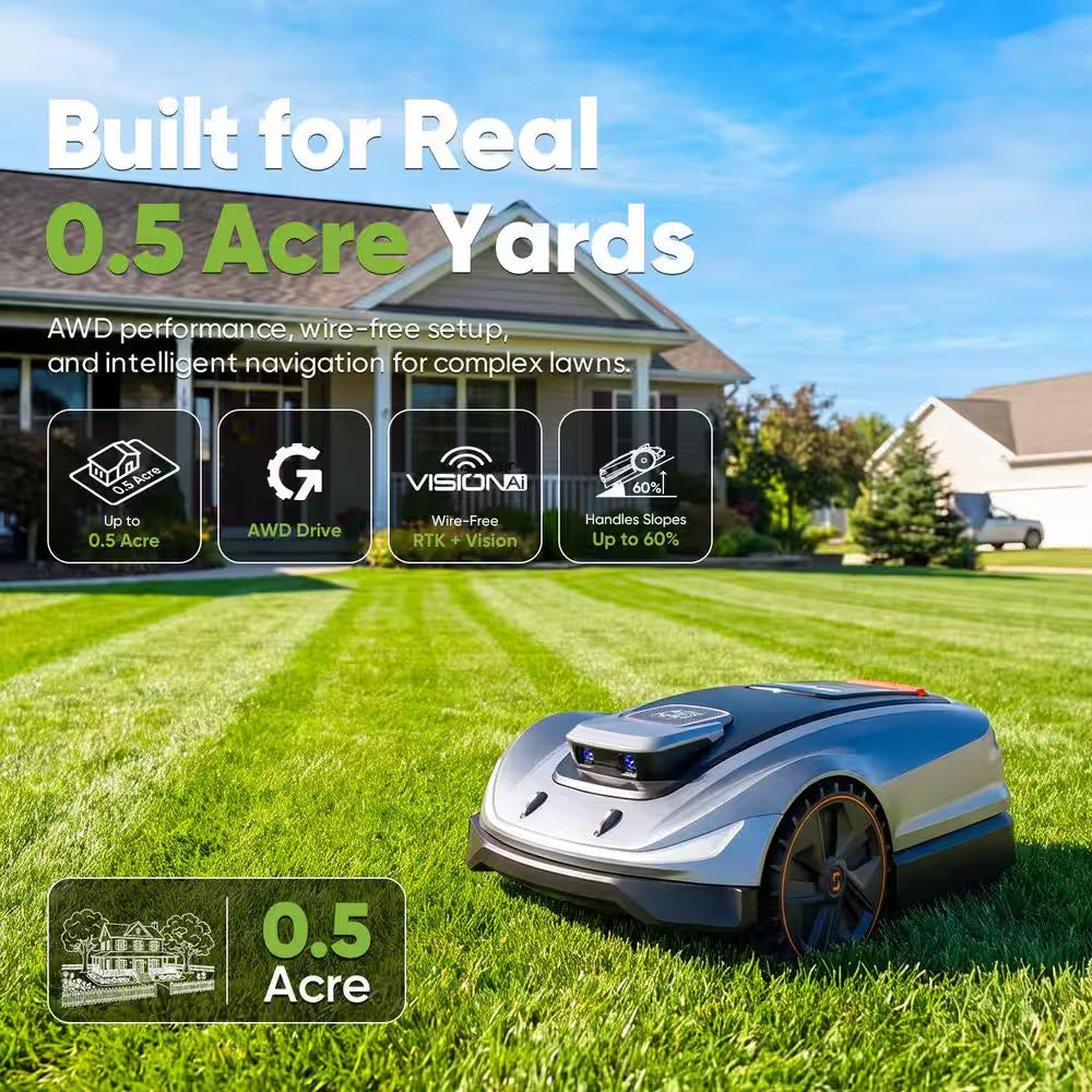 X5 AWD Wireless 8 In. Robot Lawn Mower for 0.5 Acre, No Boundary Wire, RTK plus Vision, AI Obstacle Avoidance