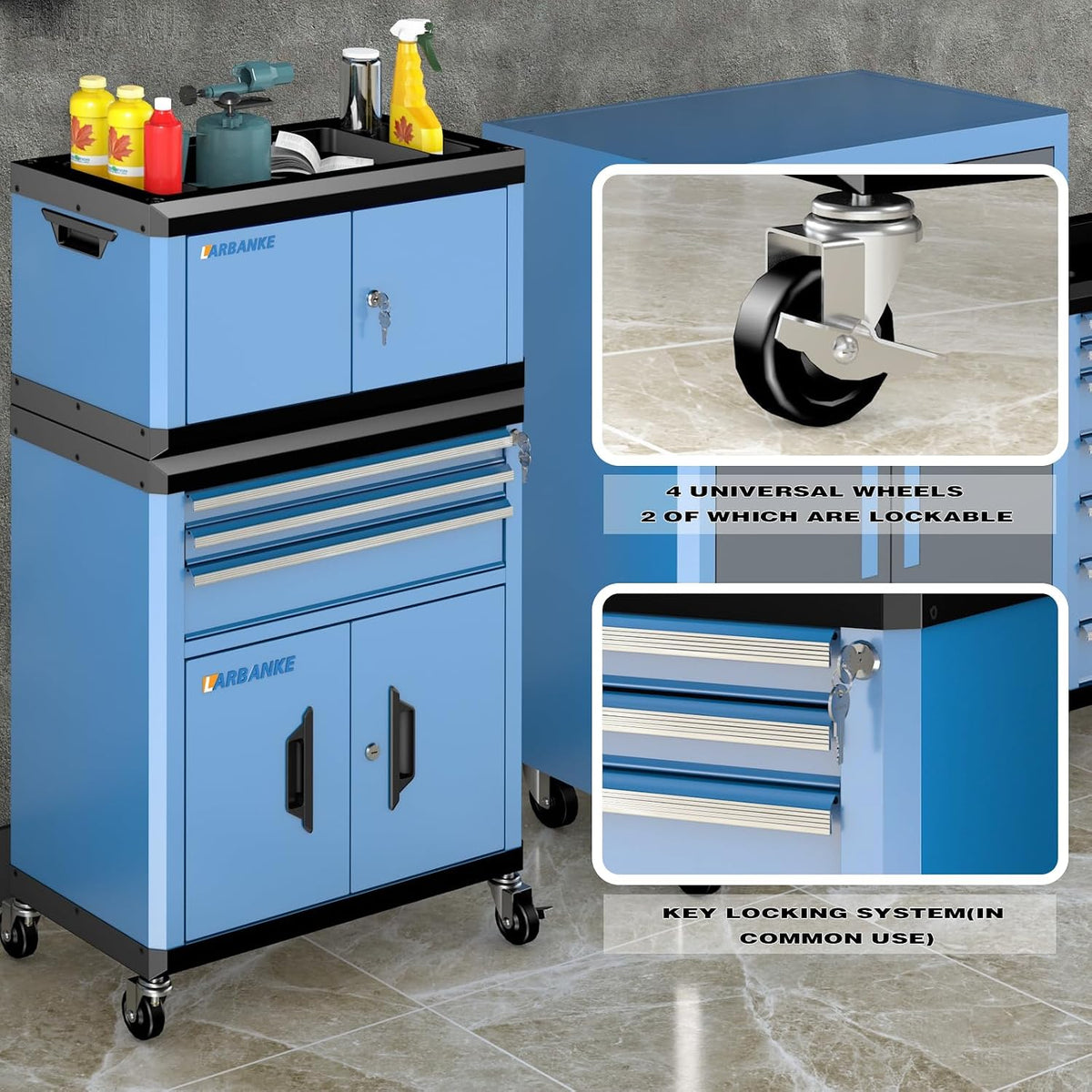 2-IN-1 Rolling Tool Chest with Locks& Multifunctional Countertop,3 Drawer Rolling Tool Box and Tool Cabinet with Wheels,Tool Chest with Connection Rods,Can Be Used Individually or in Combination