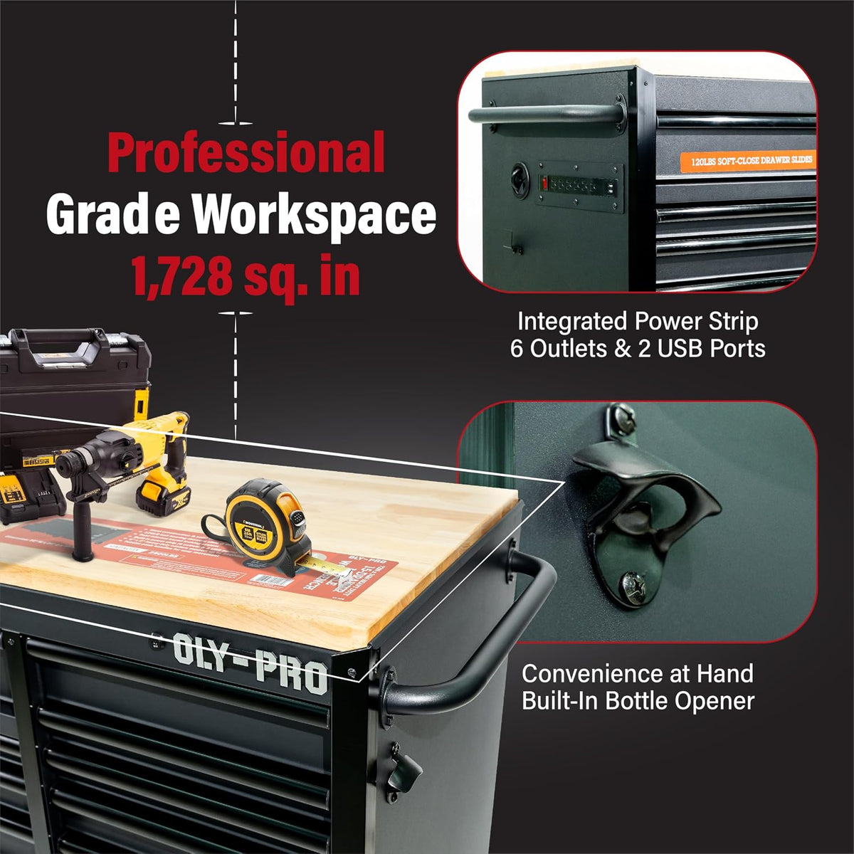 72 Inch Heavy Duty Mobile Tool Chest Tool Box, with Solid Wood Top Workbench, 15-Drawer Rolling Tool Chest, Tool Storage Organizer for Garage, Workshop, and Home, Black