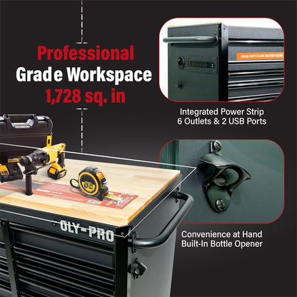 72 Inch Heavy Duty Mobile Tool Chest Tool Box, with Solid Wood Top Workbench, 15-Drawer Rolling Tool Chest, Tool Storage Organizer for Garage, Workshop, and Home, Black