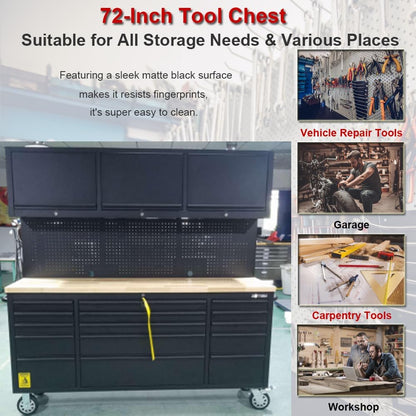 72'' Rolling Tool Chest with 15 Drawers + 3 Upper Cabinets, Black Tool Box