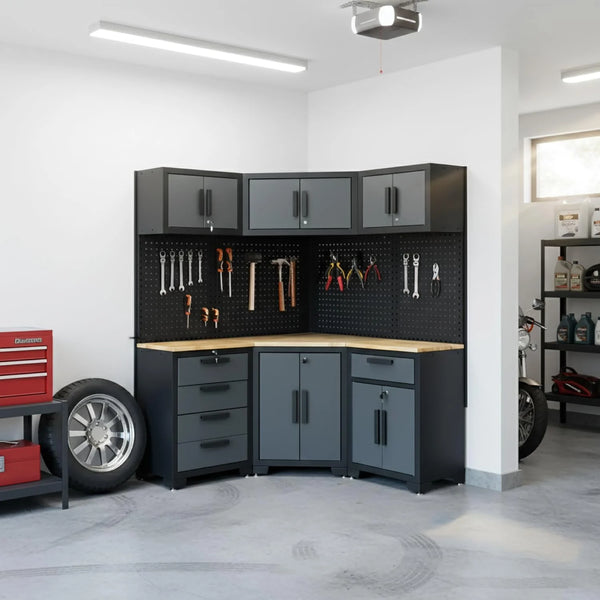 DMC Corner Garage Cabinet System with Workbenches and Pegboards, Black and Gray