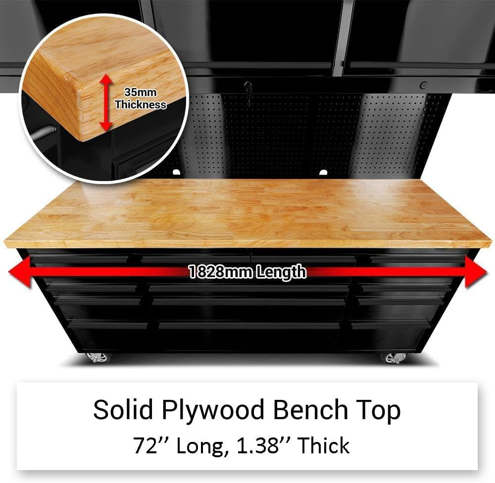 72'' Rolling Tool Chest with 15 Drawers + 3 Upper Cabinets, Black Tool Box