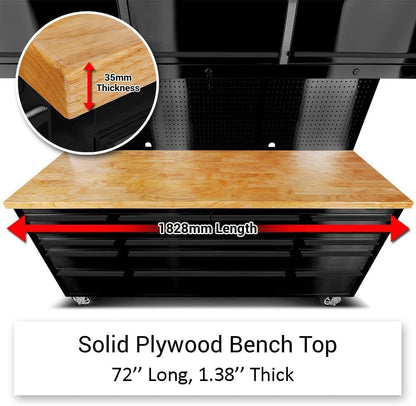 72'' Rolling Tool Chest with 15 Drawers + 3 Upper Cabinets, Black Tool Box