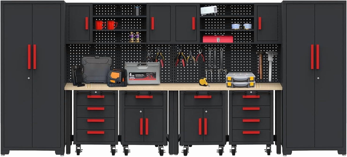 Garage Cabinets Storage System，12Pcs Workshop Set with Steel Cabinet Drawers, Rolling Chest, Workbench, Pegboard for Tool Organization