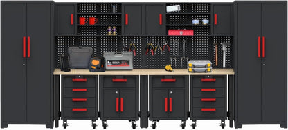 Garage Cabinets Storage System，12Pcs Workshop Set with Steel Cabinet Drawers, Rolling Chest, Workbench, Pegboard for Tool Organization