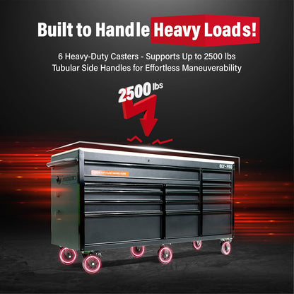 72 Inch Heavy Duty Mobile Tool Chest Tool Box, with Solid Wood Top Workbench, 15-Drawer Rolling Tool Chest, Tool Storage Organizer for Garage, Workshop, and Home, Black