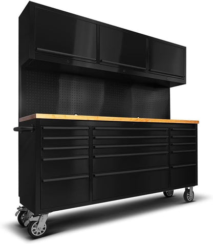 72'' Rolling Tool Chest with 15 Drawers + 3 Upper Cabinets, Black Tool Box