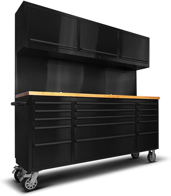 72'' Rolling Tool Chest with 15 Drawers + 3 Upper Cabinets, Black Tool Box