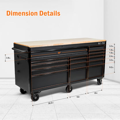 72 Inch Heavy Duty Mobile Tool Chest Tool Box, with Solid Wood Top Workbench, 15-Drawer Rolling Tool Chest, Tool Storage Organizer for Garage, Workshop, and Home, Black
