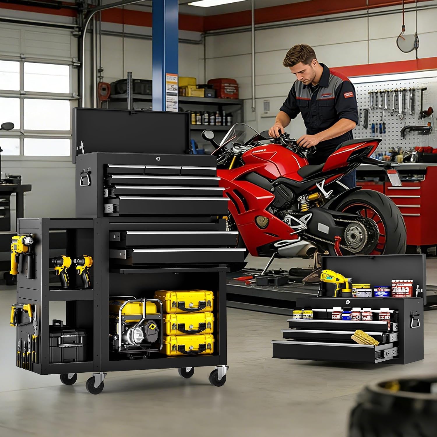 Metal Tool Chest, 8 Drawer Rolling Tool Chest with Wheels, Assembled Tool Storage Cabinet with Locking, Sliding Drawers & Detachable Top Tool Box, for Repair Room Warehouse Garage Workshop