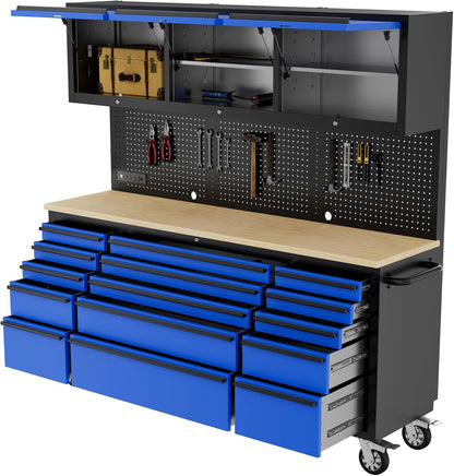 72-Inch Heavy Duty Tool Chest & Rolling Workbench with 15 Drawers,3 Upper Cabinet,Pegboard & Power Strip, for Garage, Shop, Workshop Use,Blue