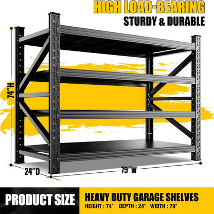 8000LBS Heavy Duty Storage Shelves, 4 Tier Adjustable Garage Shelving Unit, Heavy Duty Metal Shelving for Garage, Basement, Warehouse, Storage Room, Garage Storage Shelves, 79" W X 24" D X 74" H Black