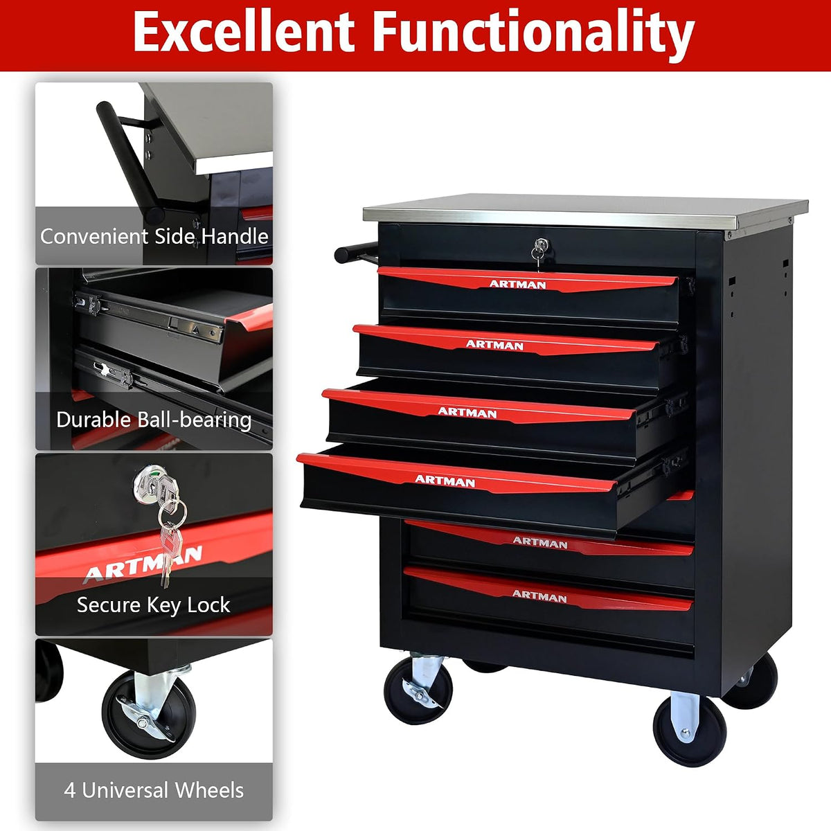 7 Drawers Tool Cart on Wheels,Multifunctional Rolling Tool Chest Tool Storage,Drawers Rolling Tool Trolley Organizer Tool Case for Garage, Warehouse, Workshop, Repair Shop (Black)