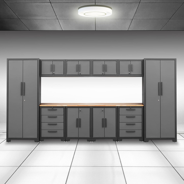 Black and grey garage cabinet system with two tall cabinets, four wall cabinets, four base cabinets, and wood worktops.